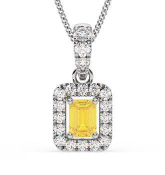 The Diamond Store Annabelle Yellow Lab Diamond Emerald Cut Halo Necklace 0.70ct in 18K White Gold - Elara Collection