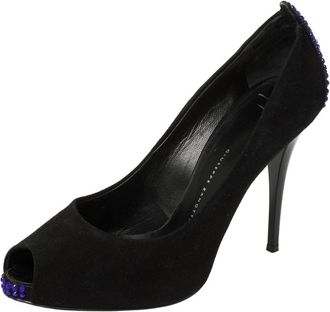 Giuseppe Zanotti Black Suede Embellished Peep Toe Pumps