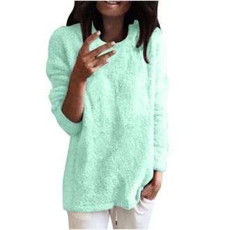 Generic Fuzzy Fleece Pajama Tops for Women UK Soft Plush Crew Neck Pullover Lightweight Casual Long Sleeve Tunic Top Comfy Cozy Fluffy Winter Warm Jumpers Swe