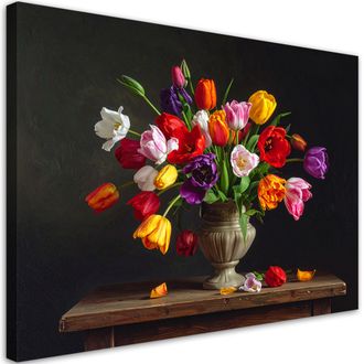 Feeby Cuadro En Lienzo, Tulipanes De Colores En Un Jarr&oacute;n, 120x80