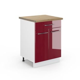Vicco Mueble Bajo De Cocina Fame-line, Rojo Burdeos Alto Brillo, 60 Cm Con Caj&oacute;n, Et Roble Vicco