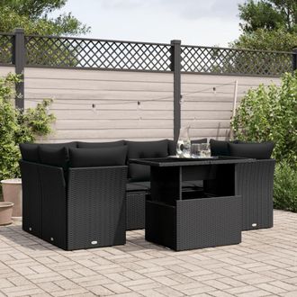 vidaXL Set De Sof&aacute;s De Jard&iacute;n 7 Pzas Con Cojines Rat&aacute;n Sint&eacute;tico Negro Vidaxl