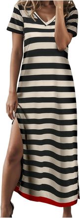Generic Summer Dress for Women Casual Fashion Stripe Short Sleeve V-Neck T Shirt Long Color Block Side Slit Loose Beach Activewear Maxi Dresses (02-Black, M)