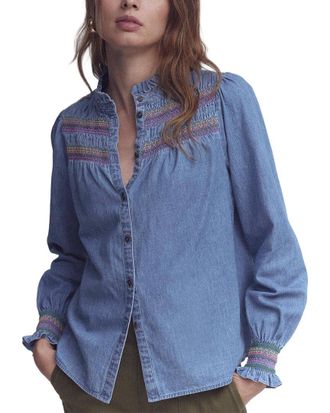 Boden Esme Smocked Denim Frill Top