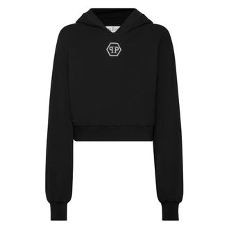 Philipp Plein Cropped Hoodie Sweatshirt Crystal Hexagon - Dames - Hoodies - Zwart - L - Katoen - Hoodies & sweatvesten