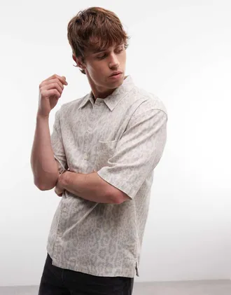 AllSaints Cruz Leo - Camicia a maniche corte in misto lino con stampa leopardata multicolore