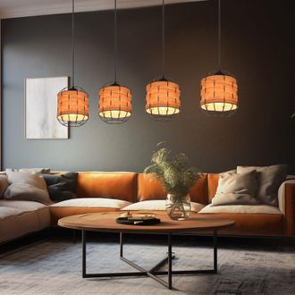 Globo Lighting Griglia luminosa a sospensione con aspetto legno chiaro, nera, sala da pranzo, marrone chiaro, metallo, 4 prese E27, LxLxA 100x18x120 cm