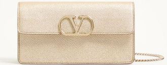 Valentino Garavani VLogo Signature Laminated Grainy Calfskin Wallet With Chain Woman PLATINUM UNI