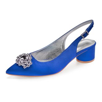 Generic Slingback Wedding Heels Womens Bridal Pointed Toe Chunky Heels Prom Evening Formal Party Pumps Shoes 4.5Cm,Blue,8 UK