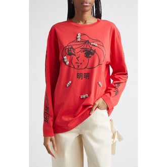 Simone Rocha Dim Sum Logo Long Sleeve Cotton Graphic T-Shirt in Red/Black/Pearl/Clear at Nordstrom, Size X-Small