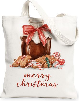 Generic Christmas Biscuits Jar Canvas Tote Bags, Holiday Treats Design Reusable Grocery Bags, Rustic Lightweight Washable Shoulder, White, 13x15 Inch