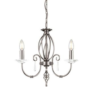 Loops 3 Bulb Chandelier Cut Glass Droplets Curved Stem Polished Nickel LED E14 60W