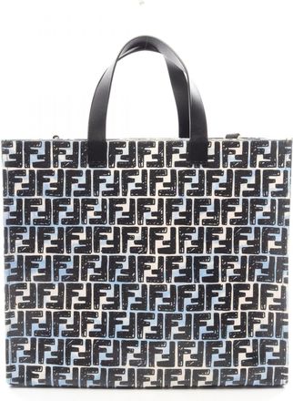 Fendi Black Blue White Canvas Leather Handbag Tote Bag (Pre-Owned)
