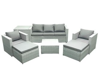 Fimous 7 Seater Rattan Garden Furniture Set with 3 Seater Sofa 2 Chair Square Coffee Table 2 Big Footstools Side Table Light Grey Mixed