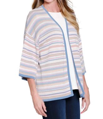 Multiples 3/4 Sleeve Set-In Sleeve Drop Shoulder Sweater Jacket In Pink Striped