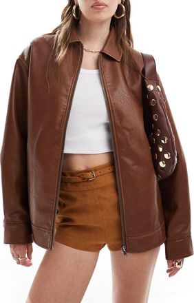 Miss Selfridge Oversize Faux Leather Bomber Jacket in Brown at Nordstrom, Size 0 Us