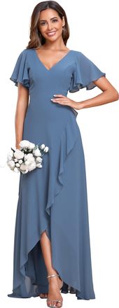 Ever-pretty Womens Evening Gowns Chiffon V Neck Floor Length Asymmetrical Ruffle Sleeves Dusty Navy 20