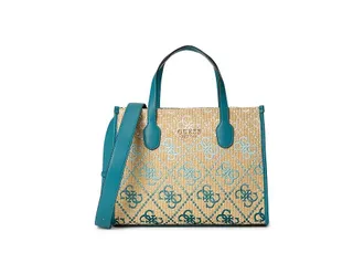 Guess Silvana 2 Compartment Tote Tote Womens Handbags Teal Logo, Raffia