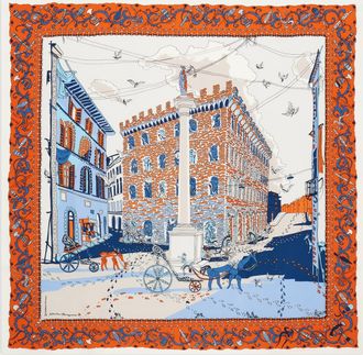 Ferragamo Women Palazzo Spini Feroni print silk foulard Light Blue/orange