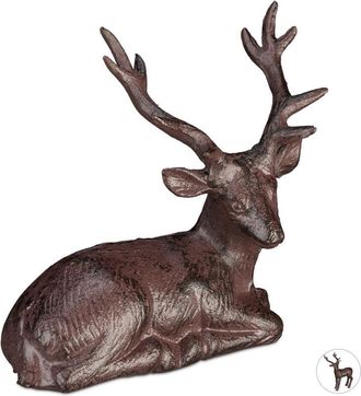 Relaxdays 4 X Figura Ciervo, Ciervo Tumbado Decorativo, R&uacute;stico, Resistente A Intemperie, Jard&iacute;n, Balc&oacute;n, Hierro Fundido, Marr&oacute;n