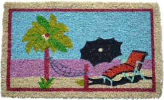 Imports Decor Beach Theme Coir Door Mat, Handwoven Coconut Fiber Doormat with Weather Resistant Print, Decorative Indoor Outdoor Entrance Rug