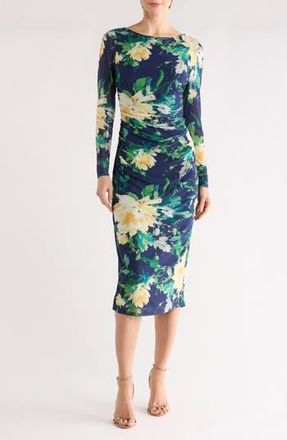 Vince Camuto Floral Long Sleeve Ruched Mesh Body-Con Dress in Navy Multi at Nordstrom Rack, Size 16