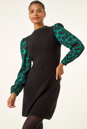 Roman Animal Print Mix Frill Short Dress