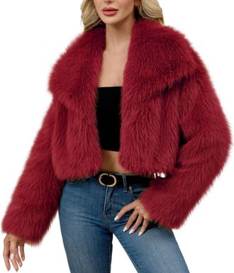 Generic Womens Faux Fur Coat, Plush Winter Warm Long Sleeve Cropped Jacket, Lapel Open Front Cardigans, Ladies Elegant Outwear Top, Windproof Thicked Overcoat
