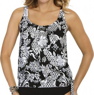 Shape Solver Intermingle Side Tie Blouson Tankini Top In Sol Black And White