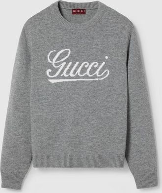 Gucci Wool Sweater With Gucci Intarsia, Size XXXL, Grey