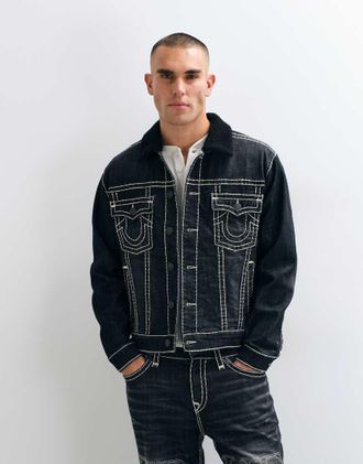 True Religion giacca trucker in denim oversize con logo in rilievo, coordinato, lavaggio nero