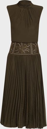 Ramy Brook Kimberly Embroidered Pleated Midi Dress