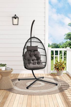 H&O Direct Freestanding Hanging Chair with Stand & Cushion in Black