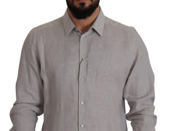 Dolce & Gabbana Mens Gray Linen Long Sleeves Formal Gold Shirt