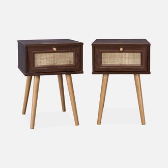 Sweeek Sweeek - Mesita De Noche Con Efecto Madera Y Ca&ntilde;a, Set De 2, Boheme, Madera Oscura, 39x39x55.4 Cm