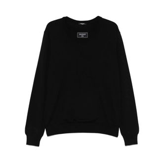 Balmain Round-neck Knitwear, male, Black, Size: L Black Knit Sweater with Logo Patch