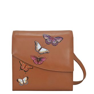 Anuschka Womens Hand Painted Genuine Vegetable Tanned Leather Flap Messenger Crossbody - Butterflies Honey