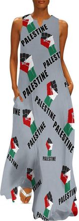Generic Free Palestine Palestinian Flag Long Dresses for Women Summer Sleeveless Loose Maxi Dress Beach Sundress M