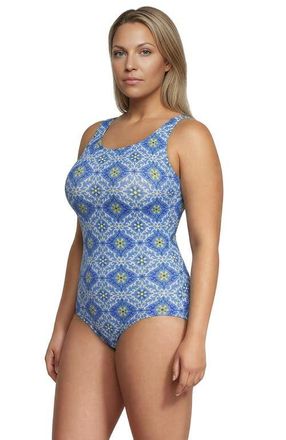Lands End Plus Size Tugless Low Leg One Piece Swimsuit in Lake Blue/egret Geo Floral at Nordstrom, Size 20W