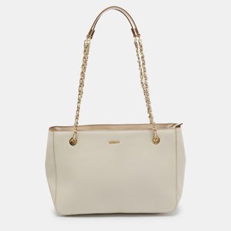 DKNY Dkny Ivory Leather Top Zip Chain Tote