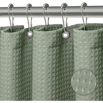 OEM Cortina De Ducha Lavable De Poli&eacute;ster Con 12 Anillas Impermeables Para Ducha Y Ba&ntilde;era, 180 X 200 Cm, Verde Con Relieve - Crezuo