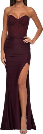 La Femme Long Jersey Corset Top Prom Dress In Dark Wine