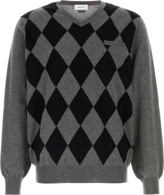 Ferragamo Argyle V-Neck Trui - Heren - Truien - Grijs - Maat: XL Wol