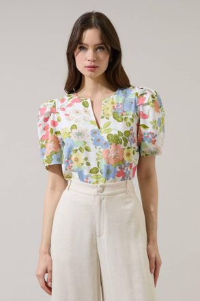 Sugarlips Esther Floral Puff Sleeve Top In Cream Multi