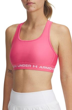 Under Armour HeatGear Mid Cross Back Sports Bra in Super Pink //White at Nordstrom, Size Xx-Large