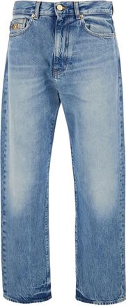Versace Straight-Leg Denim Look Trousers with Metallic Emblem