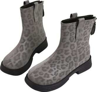 Generic Ankle Boots For Women Leopard Print Platform Low Heel Round Toe with Zipper Booties Ladies Retro Casual Shoes Autumn Winter Comfort Lightweight Size 5