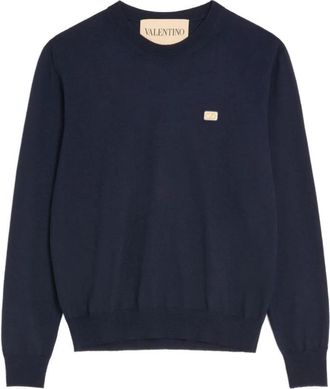Valentino Wollen trui met VLogo-patch - Heren - Ronde hals truien - Blauw - S - Wol - Truien & Vesten