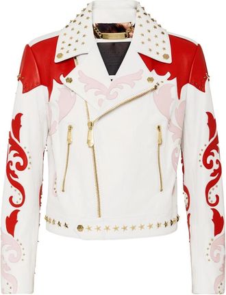 Philipp Plein Rodeo Intarsia Leren Bikerjack - Dames - Leren en Su&egrave;de Jassen - Wit - S - Leer - Jassen