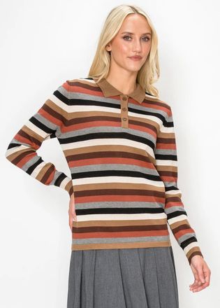 YAL New York Striped Knit Polo Sweater in Rust and Brown